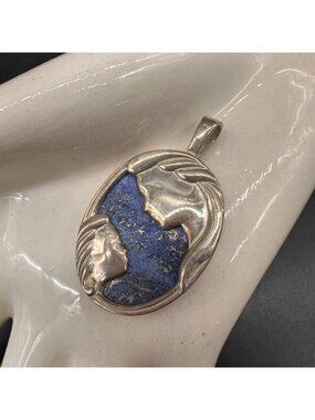 Vintage Sterling Silver Blue Lapis Pendant Mother and Child Oval Kabana Mom Gift